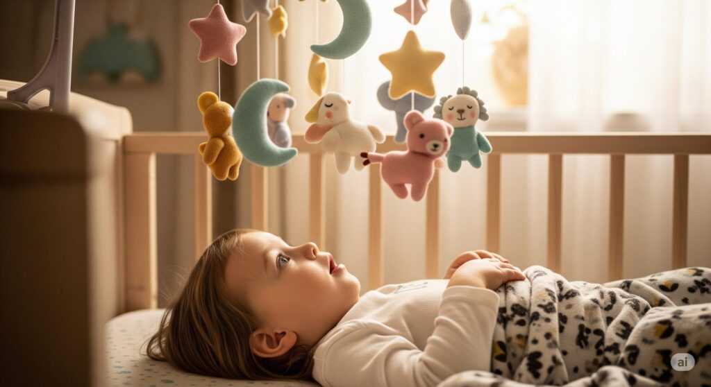 a child lying in a crib looking up at a mobile