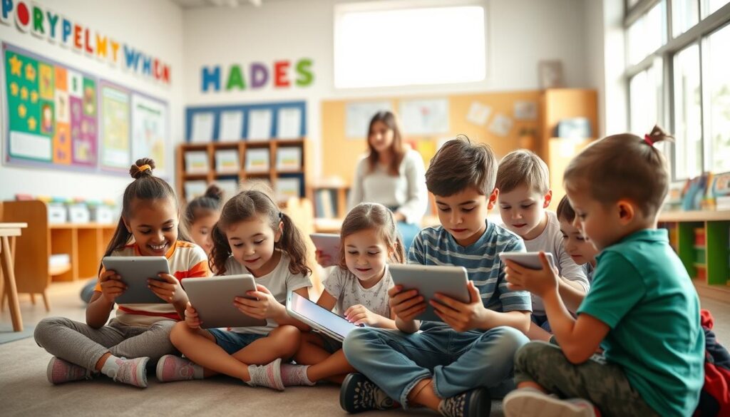 A bright, cheerful classroom scene with young children intently focused on their tablets, eager to learn. In the foreground, a group of diverse kids - some sitting cross-legged, others huddled together - fully immersed in an engaging educational app. Soft, diffused lighting illuminates their faces, creating a warm, inviting atmosphere. The middle ground features a teacher moving between the students, offering guidance and encouragement. In the background, the classroom is filled with colorful educational posters, shelves of books, and a large window that allows natural light to pour in, creating a sense of openness and possibility. The overall impression is one of a stimulating, age-appropriate learning environment that fosters a love of discovery.