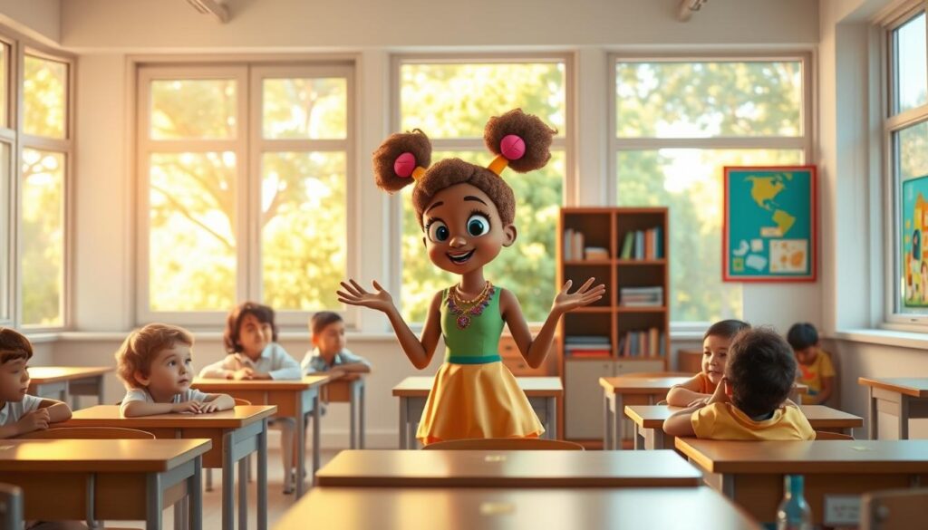 A bright, cheerful classroom with windows overlooking a lush, verdant schoolyard. At the center, Lunesia, a vibrant and imaginative character, is engaged in a lesson, gesturing animatedly as she captures the rapt attention of her classmates. The lighting is soft and natural, filtering in through the large windows and casting a warm glow on the scene. The desks are neatly arranged, and the walls are adorned with colorful educational displays and student artwork, creating a nurturing and inspiring environment. The overall atmosphere is one of curiosity, learning, and a sense of wonder, perfectly reflecting the spirit and appeal of the Lunesia story app.