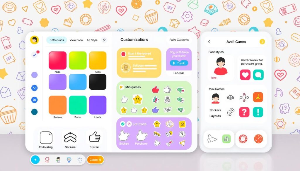 A bright, visually appealing educational app interface with customizable options. In the foreground, a user-friendly dashboard displays various customization tools - color schemes, font styles, interface layouts, and avatar options. In the middle ground, interactive elements like stickers, icons, and mini-games invite the user to personalize their learning experience. The background features a playful, geometric pattern with an educational theme, creating an engaging and immersive digital environment. The overall mood is one of creativity, interactivity, and personalized learning.