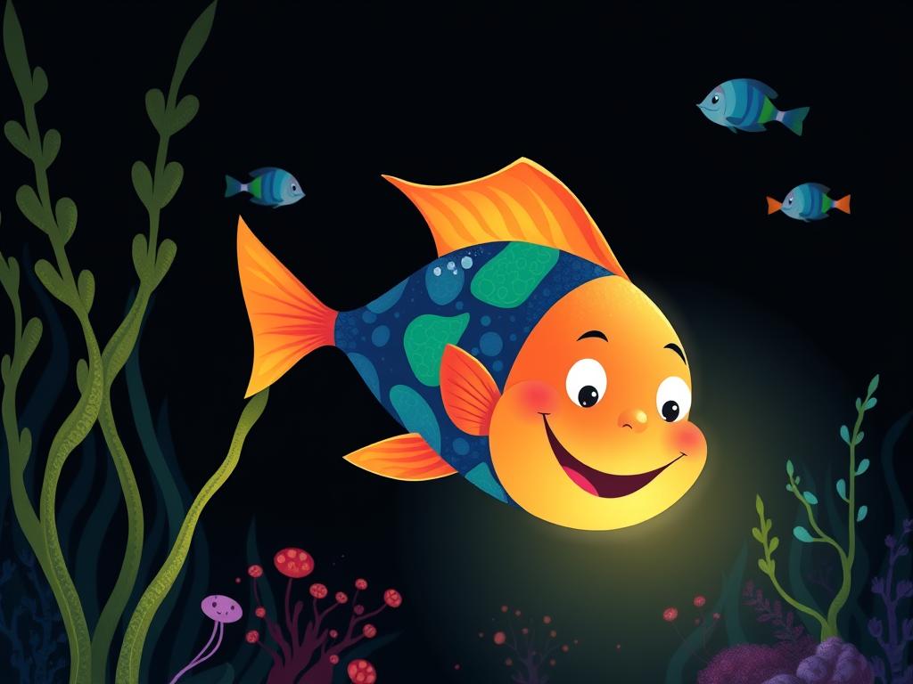 A brightly colored fish smiling and spreading light in the dark depths of the ocean A brightly colored fish smiling and spreading light in the dark depths of the ocean