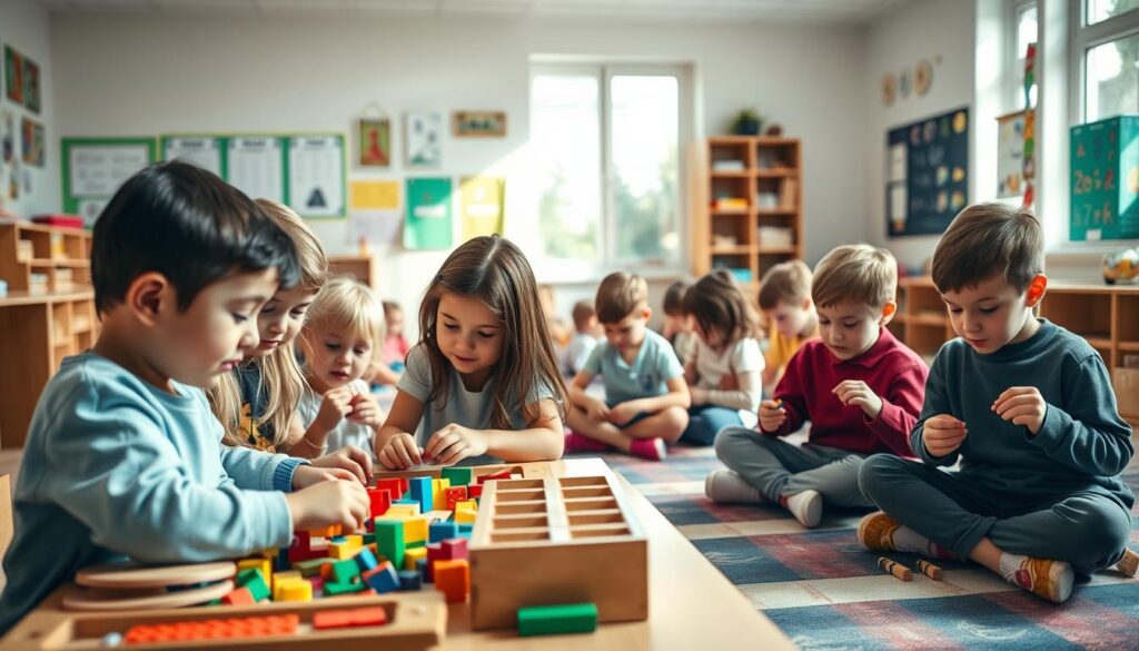 A brightly lit classroom filled with engaged children, their faces alight with curiosity and enthusiasm. In the foreground, a group of kids huddled around a table, intently examining colorful Montessori materials, their small hands manipulating the tactile objects. In the middle ground, other students sit cross-legged on the floor, deeply immersed in their individual learning activities, from building with wooden blocks to tracing letters on chalkboards. The background reveals a vibrant, inviting space, with natural light streaming through large windows, educational posters adorning the walls, and a sense of warmth and exploration permeating the environment. The overall scene conveys a harmonious, productive atmosphere where children are actively engaged in the process of learning and skill development.