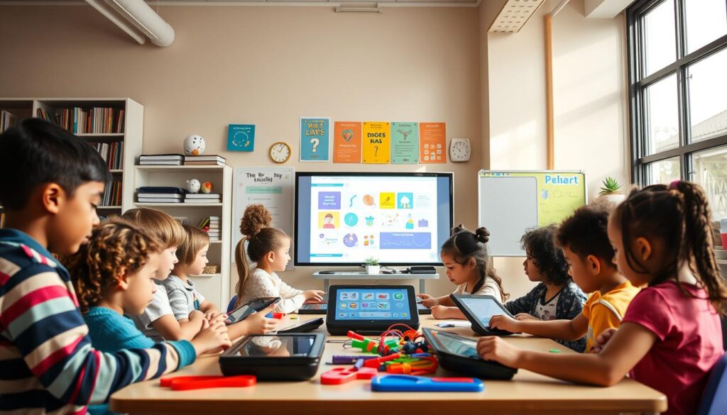 A brightly lit classroom scene with young students engaged in interactive learning activities. In the foreground, a group of diverse children sit around a table, using educational tablets and manipulatives. The middle ground features a teacher guiding them, using a digital whiteboard to display colorful graphics and diagrams. The background showcases shelves filled with books, educational posters, and a large window allowing natural light to flood the space. The overall atmosphere is one of discovery, creativity, and intellectual stimulation, capturing the essence of an engaging educational program for kids.