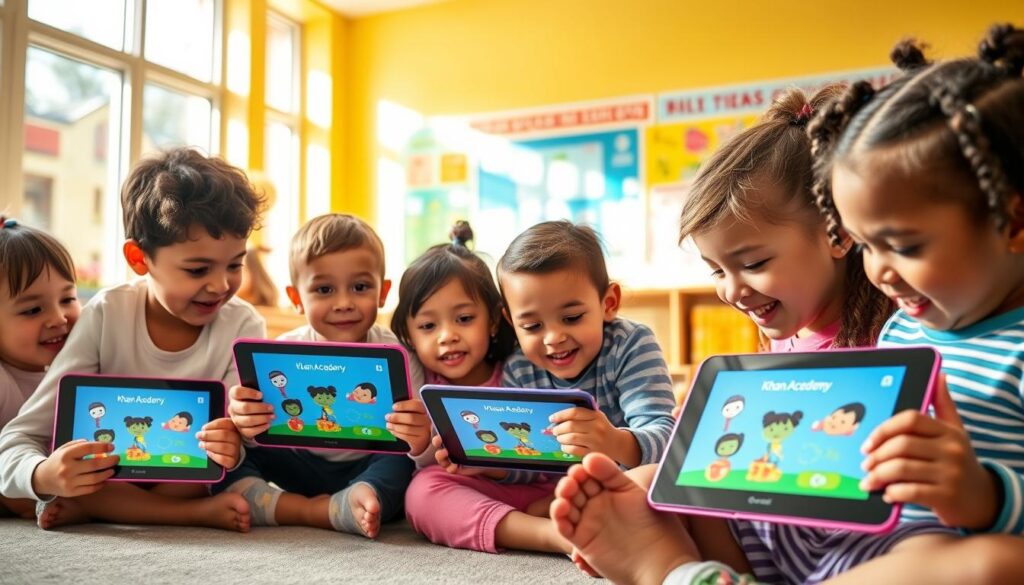 A brightly lit, clean and modern classroom setting where a group of diverse children, ranging from toddlers to early elementary age, are enthusiastically engaged with the Khan Academy Kids learning app on their tablets. The children's faces are animated and focused, their bodies leaning forward as they interact with the app's vibrant, age-appropriate user interface. The classroom walls feature educational posters and displays, conveying a sense of a nurturing, enriching environment optimized for young learners. Warm, natural lighting filters through large windows, casting a soft, inviting glow over the scene. The overall atmosphere is one of excitement, curiosity and a love of learning.