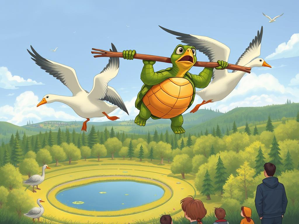 A chatty turtle being carried by two geese while trying to hold onto a stick with its mouth A chatty turtle being carried by two geese while trying to hold onto a stick with its mouth