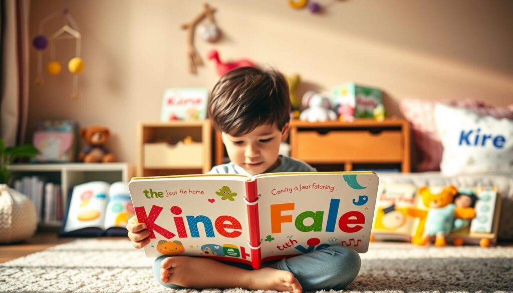 A cheerful, child-friendly scene of a personalized children's book. In the foreground, a young child sits cross-legged, intently focused on the open book in their lap. The book's cover features the child's name in whimsical, colorful lettering. Vibrant illustrations of the child's favorite animals, characters, or hobbies adorn the pages. Soft, natural lighting illuminates the scene, creating a cozy, inviting atmosphere. In the middle ground, a bookshelf or nightstand holds additional personalized books, each with the child's name prominently displayed. The background features a warm, neutral-toned room, with playful, imaginative elements like hanging mobiles, plush toys, or a reading nook. The overall composition conveys a sense of childlike wonder, personalization, and the joy of immersive storytelling.