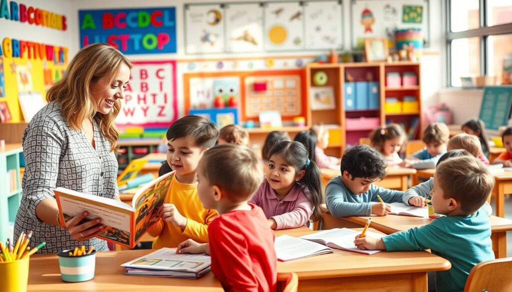 A classroom filled with vibrant colors and engaged children, ages 2-8, actively participating in early literacy development activities. In the foreground, a teacher guides a small group of students through a interactive storybook, their faces alight with wonder. In the middle ground, individual students sit at desks, immersed in phonics exercises and writing practice, their pencils dancing across the pages. The background depicts an abundance of educational resources - alphabet charts, book shelves, and learning stations - all bathed in warm, natural lighting that filters in through large windows. The overall atmosphere conveys a nurturing, stimulating environment where young minds are encouraged to explore the fundamentals of reading and writing.