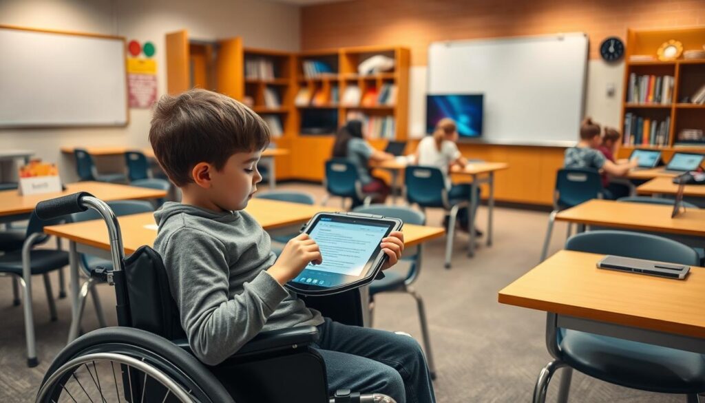 A classroom setting with desks, chairs, and educational technology equipment. In the foreground, a student in a wheelchair using a tablet with accessibility features like screen reader, voice recognition, and enlarged text. In the middle ground, other students interacting with interactive whiteboards and laptops. The background has shelves of books and learning materials. Warm, diffused lighting creates a welcoming atmosphere. The scene conveys an inclusive and accessible educational environment where diverse learners can engage with technology.