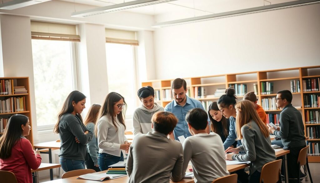 A classroom setting with students engaged in interactive learning activities. In the foreground, a group of diverse students gathered around a table, examining educational materials and collaborating on a project. Soft, natural lighting filters through large windows, casting a warm glow on the scene. In the middle ground, a teacher moves among the students, providing guidance and encouragement. In the background, shelves of books and learning resources line the walls, creating a rich, scholarly atmosphere. The mood is one of intellectual curiosity and engaged learning, reflecting the analytical nature of the "Educational Content Analysis" subject.
