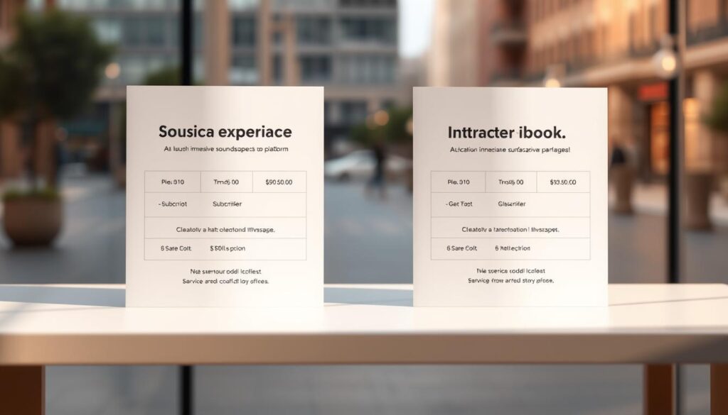 A clean, minimalist table displaying pricing and subscription options for two contrasting digital experiences - a lush, immersive soundscape platform and an interactive storybook service. The table is illuminated by warm, directional lighting, casting soft shadows and creating depth. The background is a serene, blurred urban landscape, suggesting the practical application of these services. The overall mood is one of clarity, comparison, and informed decision-making, inviting the viewer to carefully weigh the options presented.