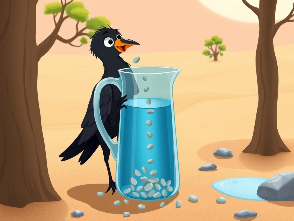 A clever crow dropping pebbles into a water pitcher to raise the water level A clever crow dropping pebbles into a water pitcher to raise the water level