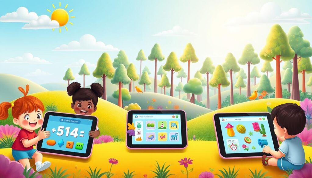 A colorful, whimsical educational app interface for young children, featuring a vibrant, playful landscape with rolling hills, fluffy clouds, and a friendly sun. In the foreground, a group of diverse, cheerful toddlers interact with interactive learning activities on sleek, child-friendly tablets. The middle ground showcases an array of engaging mini-games and lessons, from counting exercises to shape recognition puzzles. In the background, a serene, dreamlike forest scene with towering trees and vibrant flora creates a calming, nurturing atmosphere. Soft, diffused lighting and a warm, inviting color palette evoke a sense of wonder and discovery, perfectly capturing the spirit of Lunesia's educational experience for young learners.