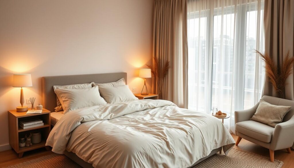 A cozy and calming bedroom setup with a plush king-size bed dressed in soft, neutral bedding. Warm lighting from a pair of minimalist table lamps casts a gentle glow, while a large window with sheer curtains allows natural light to filter in. The room is decorated with subtle earth-toned accents, such as a woven area rug and a comfy armchair. A small, uncluttered nightstand holds a few sleep-inducing essentials like a diffuser, a book, and a glass of water. The overall atmosphere exudes tranquility and comfort, creating an ideal environment for a restful night's sleep.