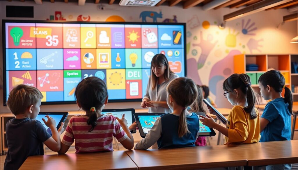 A cozy and inviting classroom setting, with a large display showcasing a variety of educational apps for kids. In the foreground, a group of young students enthusiastically using touch-screen tablets, their faces alight with curiosity and engagement. In the middle ground, a teacher standing nearby, guiding and encouraging them. The background features a vibrant, colorful mural depicting various learning themes, such as mathematics, science, and language arts. The lighting is warm and soft, creating a welcoming atmosphere. The composition is balanced, with a sense of harmony and focus on the educational apps and their practical application in the classroom.