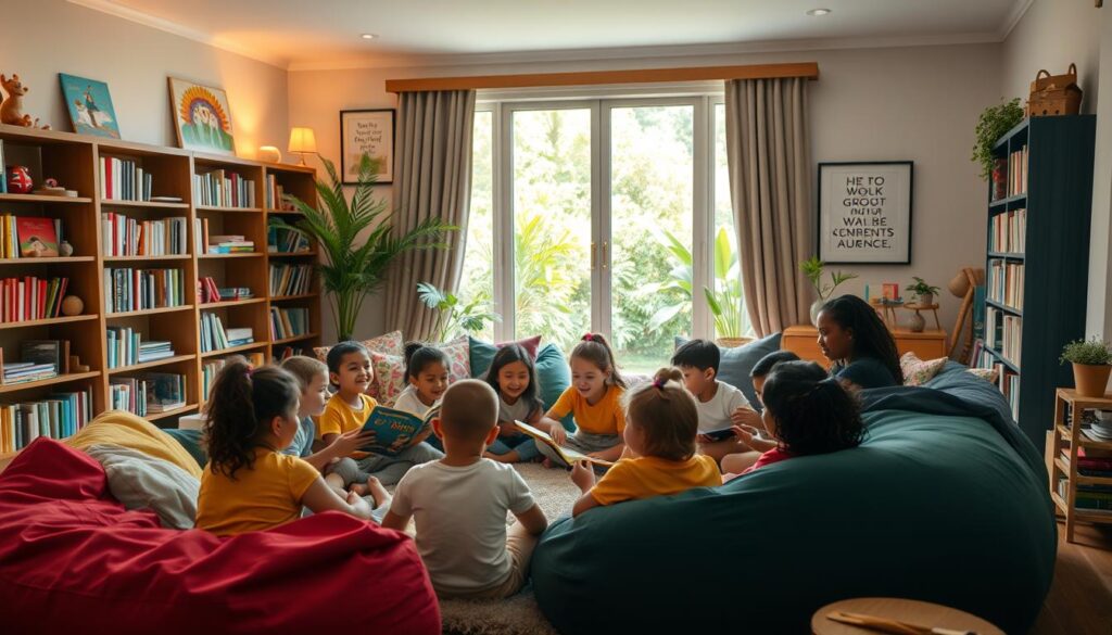 A cozy and inviting living room, bathed in warm, soft lighting. In the foreground, children of diverse backgrounds sit in a circle, engaged in a lively storytelling session, their faces alight with wonder and curiosity. Plush beanbags and colorful pillows create a comfortable, nurturing environment. Bookshelves line the walls, filled with a diverse selection of children's literature. Vibrant artwork and inspirational quotes adorn the walls, fostering a sense of creativity and positivity. In the background, a large window overlooks a lush, verdant garden, symbolizing the growth and potential within. The overall atmosphere exudes a feeling of safety, support, and encouragement, creating the perfect setting for children to thrive and build resilience.