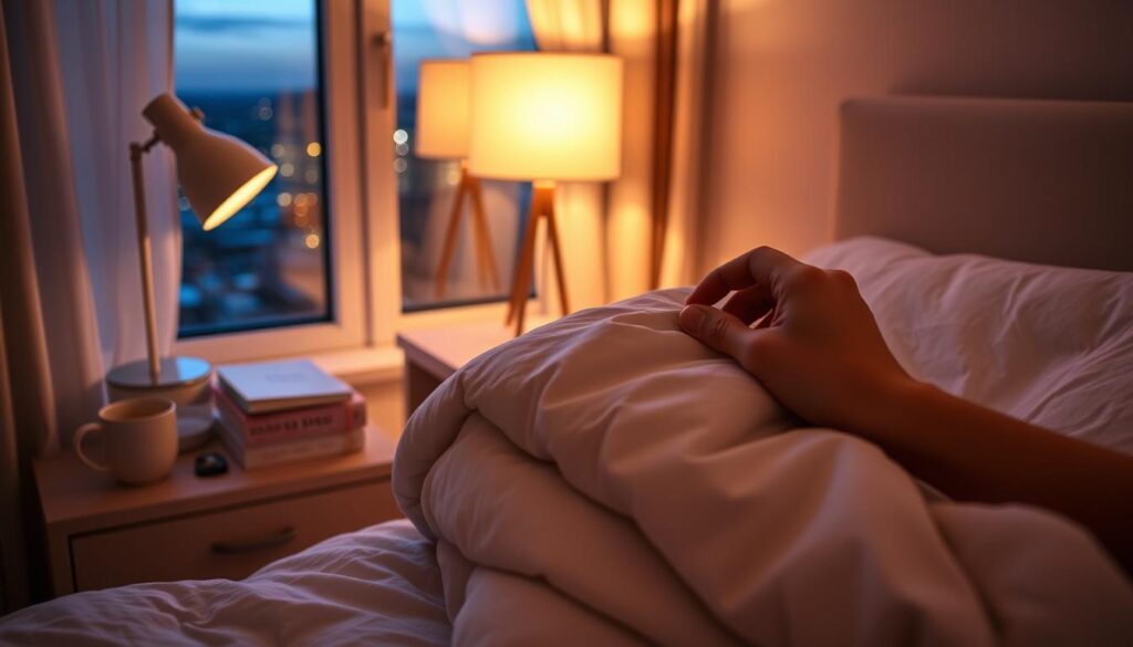 A cozy bedroom at twilight, soft lighting from a bedside lamp illuminating a nightstand with a mug of tea, a book, and a sleep mask. In the foreground, a person's hands gently folding a fluffy comforter, preparing for a quick and restful bedtime routine. In the background, a window reveals a peaceful nighttime cityscape. The atmosphere is serene and inviting, suggesting a simple yet effective way to unwind and transition into a good night's sleep.