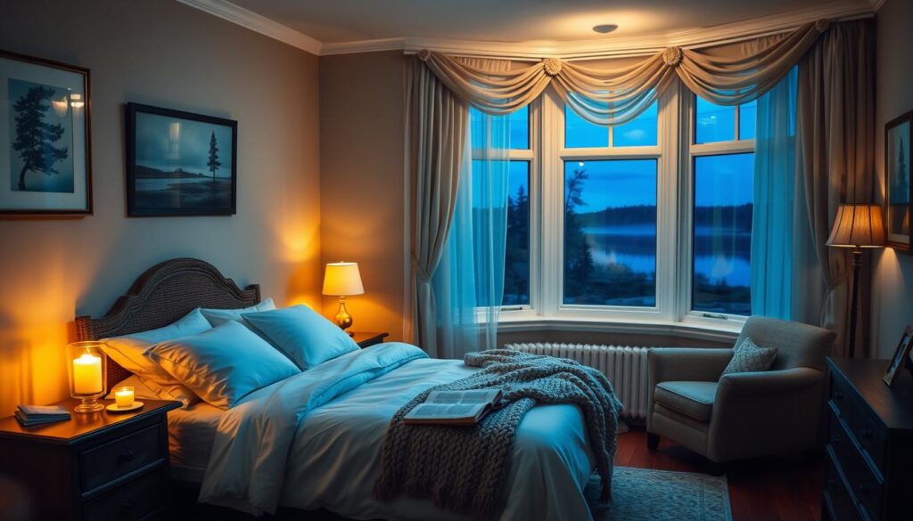 A cozy bedroom illuminated by warm, soft lighting, with a plush king-size bed dressed in crisp white linens and a thick knit blanket. Beside the bed, a nightstand holds a flickering candle and a storybook. The walls are painted in a serene, muted color, adorned with framed nature prints. In the corner, a comfortable armchair invites the reader to sink in and get lost in a tale. Large, sheer curtains frame a bay window, revealing a tranquil nighttime landscape, hinting at the peaceful slumber to come. The overall atmosphere is one of tranquility, comfort, and restful contemplation.