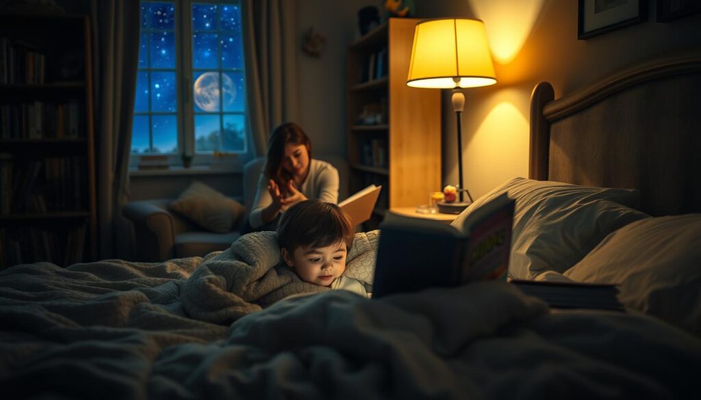 A cozy bedroom scene, dimly lit by a warm table lamp and the glow of a bedside book. In the foreground, a child snuggled under a plush blanket, engrossed in a storybook, their face illuminated by the soft light. Beside them, an attentive parent sitting on the edge of the bed, gesturing animatedly as they read aloud. The background features a bookshelf filled with well-worn tales, a plush armchair, and a window revealing a starry night sky, creating a serene, intimate atmosphere conducive to settling into a restful slumber.