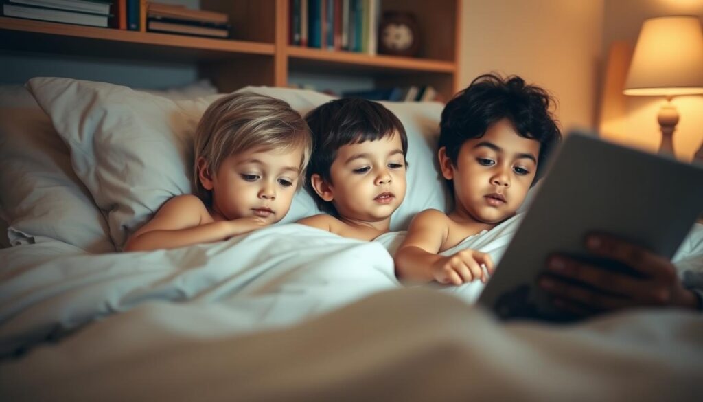 A cozy bedroom scene with two children nestled in bed, listening intently to a parent or grandparent reading a bedtime story. Soft, warm lighting illuminates their peaceful expressions as they are captivated by the tale. In the background, a bookshelf and nightstand add a sense of comfort and security. The overall mood is serene and calming, evoking the tranquility of a bedtime routine. The composition places the children as the focal point, highlighting the special bonding moment between the generations. Captured with a medium angle lens to convey an intimate, relatable perspective.