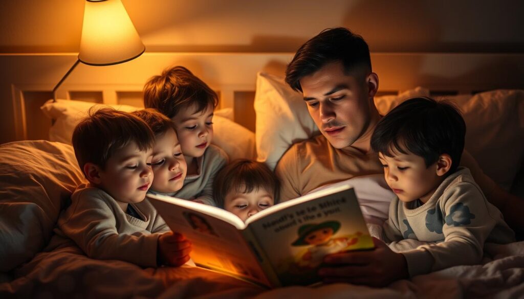 A cozy bedtime scene with children gathered around a parent, listening intently as they read a storybook by the soft glow of a table lamp. The children's faces are calm and relaxed, their expressions reflecting the soothing, dreamlike quality of the story. The room is dimly lit, creating a serene atmosphere, with warm, muted tones and gentle shadows. The parent's posture is gentle and inviting, their gaze focused on the children as they weave the tale. The overall mood is one of tranquility, comfort, and the magic of shared storytelling.