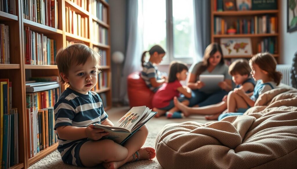 A cozy bookshelf, its shelves brimming with vibrant, interactive children's books. Sunlight streams in through a nearby window, casting a warm glow over the scene. In the foreground, a young child sits cross-legged, their eyes wide with wonder as they flip through the pages of a tactile, pop-up book. Nearby, another child reclines on a plush beanbag, their fingers tracing the contours of a textured storybook cover. In the background, a group of children gather around a tablet, their faces illuminated by the glow of an animated, interactive narrative. The atmosphere is one of exploration, imagination, and the joyful discovery of storytelling.