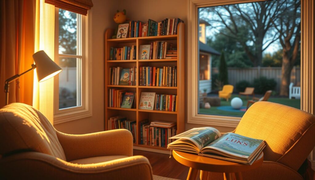 A cozy children's book nook, bathed in warm golden light filtering through a nearby window. On the foreground, a plush armchair and small side table hold a stack of colorful storybooks. The middle ground features a bookshelf filled with whimsical titles, inviting young readers to explore. In the background, a large window overlooks a serene outdoor scene, with trees and a glimpse of a playful backyard. The scene radiates an atmosphere of wonder, learning, and imagination - the perfect setting to analyze the educational benefits of interactive and customized children's books.