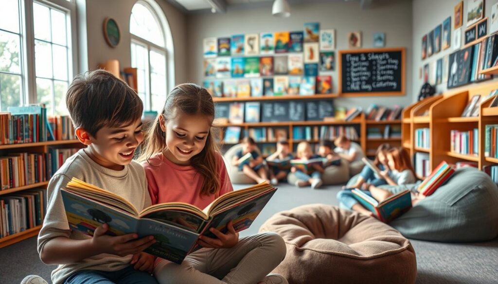 A cozy children's library, sunlight streaming through large windows, shelves filled with colorful storybooks. In the foreground, two young friends excitedly flipping through a physical book, their faces aglow with imagination. In the middle ground, a group of kids nestled in bean bags, engrossed in their own paperback tales. The background reveals a wall display of classic book covers, a chalkboard with handwritten titles, and a plush reading nook. The atmosphere is warm, inviting, and free of any digital distractions, highlighting the tactile, immersive experience of non-AI story apps for kids.