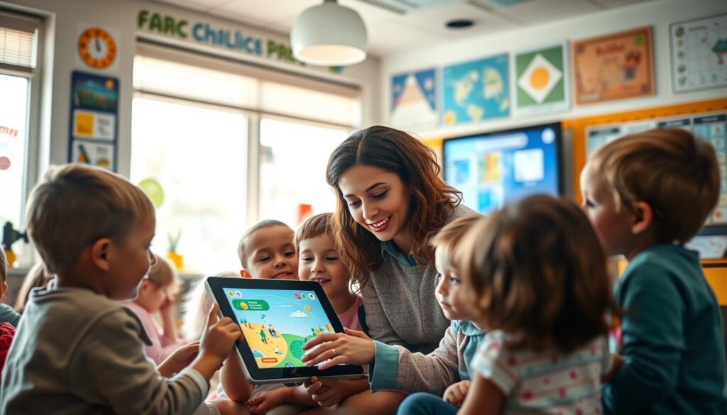 A cozy classroom filled with eager young learners, the walls adorned with vibrant educational posters and interactive displays. In the foreground, a group of children gathered around a touchscreen tablet, their faces lit with excitement as they engage with an immersive, game-based learning app. Soft, natural lighting filters in through large windows, casting a warm glow on the scene. The teacher, a caring and attentive figure, guides the students, encouraging them to explore and discover. The atmosphere is one of active engagement, curiosity, and a sense of wonder, capturing the essence of interactive learning that empowers and inspires young minds.