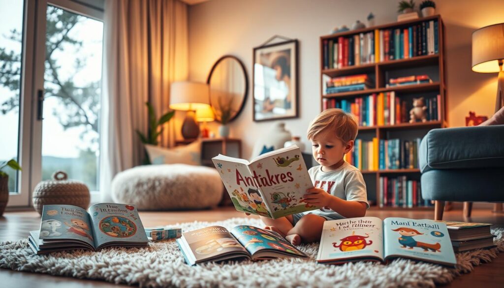 A cozy home interior, bathed in warm, soft lighting. In the foreground, a child sits cross-legged on a plush rug, engrossed in a personalized storybook, their name emblazoned on the cover. Surrounding them, a curated selection of children's books, each with a unique, imaginative cover design. In the middle ground, a stylish bookshelf showcases an array of colorful, hardcover books, their spines embossed with intricate illustrations. The background features a large window, framing a serene outdoor scene, hinting at the boundless possibilities for adventure and discovery within the pages of these personalized tales.
