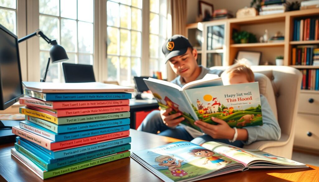 A cozy home office scene, sunlight streaming through large windows. On the desk, a stack of personalized children's books, their colorful covers featuring whimsical illustrations and each child's name. A young parent sits nearby, intently reading one of the books to a delighted child snuggled by their side. The books' pages come alive with vibrant characters and fantastical landscapes, capturing the child's imagination. The room exudes a warm, welcoming atmosphere, fostering a cherished bond between parent and child.