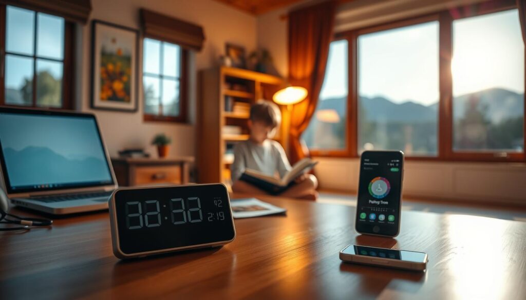 A cozy home office with a desk, laptop, and smartphone, bathed in warm, focused lighting. In the foreground, a digital timer and a calendar app stand out, emphasizing the need for intentional screen time management. The middle ground features a child sitting cross-legged on the floor, engrossed in a book, while the background showcases a panoramic window overlooking a tranquil, natural landscape, symbolizing the balance between digital and analog activities. The overall scene conveys a sense of mindfulness, productivity, and a healthy digital-life integration.