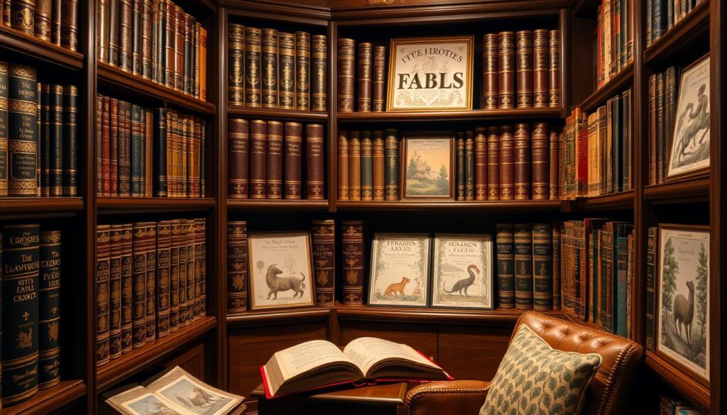 A cozy library nook, filled with a collection of illustrated fable books. Ornate, leather-bound volumes with gilded spines stand proudly on wooden shelves, their intricate covers hinting at the whimsical tales within. Soft, warm lighting casts a gentle glow, inviting the viewer to settle in and immerse themselves in the timeless lessons and captivating illustrations of these enchanting storybooks. The room's atmosphere is one of quiet contemplation, where the wisdom of ancient fables and the imagination of their creators come together to inspire and delight.