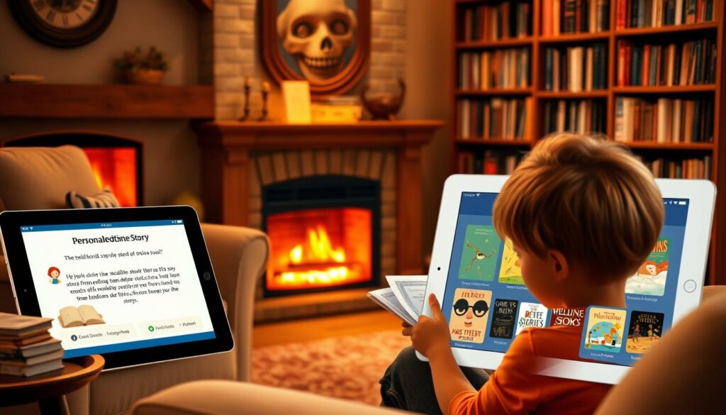 A cozy living room with a plush armchair, a crackling fireplace, and a side table with a stack of storybooks. Soft, warm lighting illuminates the scene, creating a calming and inviting atmosphere. In the foreground, a young child is engrossed in a book, their imagination captured by the narrative they're reading. The middle ground features a tablet device displaying a personalized bedtime story app, its interface showcasing a variety of customization options. The background showcases a bookshelf filled with an assortment of classic and contemporary tales, hinting at the vast array of stories available for exploration.