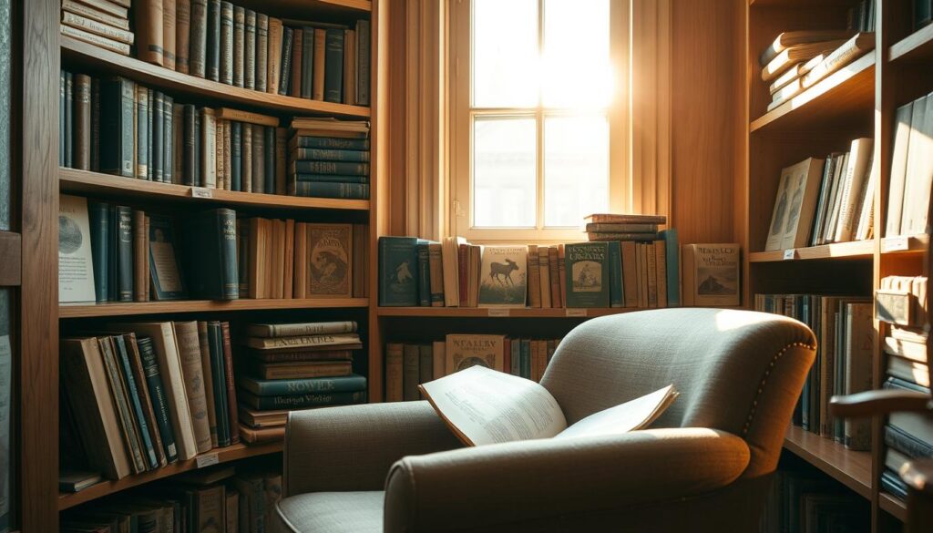 A cozy nook with an array of traditional storybooks, their well-worn covers and dog-eared pages evoking a sense of timeless wonder. Sunlight filters through a nearby window, casting a warm glow on the meticulously illustrated hardbacks and paperbacks, their spines bearing the titles of beloved tales. Shelves crafted from natural wood frame the scene, creating a harmonious and inviting atmosphere. In the foreground, a plush armchair invites the reader to settle in and get lost in the captivating narratives, the rhythm of turning pages and the smell of ink and paper transporting them to enchanted realms. A timeless and nostalgic tableau, capturing the enduring allure of traditional storybooks.