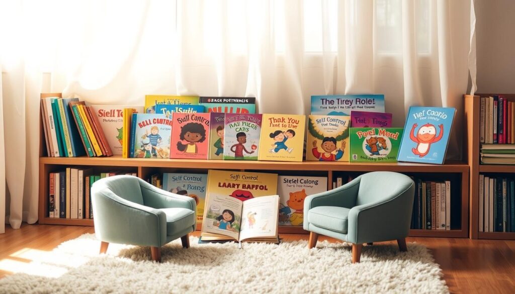 A cozy reading nook showcases an assortment of colorful self-control storybooks, their inviting covers and spines arranged neatly on a wooden bookshelf. Soft lighting filters through sheer curtains, casting a warm, nurturing glow on the scene. In the foreground, a plush rug and a pair of small, comfortable chairs invite young readers to settle in and lose themselves in tales that teach the importance of emotional regulation. The overall atmosphere is one of tranquility and learning, perfectly suited for the "Top Story Picks for Teaching Kids Self-Control."