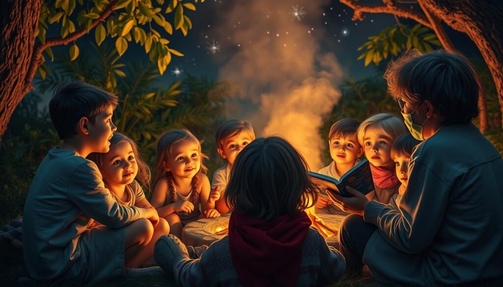 A cozy, storybook-inspired scene featuring a group of young children gathered around a fire, captivated by the tales being told by a warm, welcoming storyteller. The children's faces are alight with wonder, their postures relaxed and attentive. Soft, golden lighting casts a gentle glow, creating an atmosphere of safety and comfort. In the background, lush, verdant foliage and a starry night sky evoke a sense of imagination and possibility. The overall mood is one of empowerment, inspiration, and the transformative power of storytelling to help children conquer their fears.