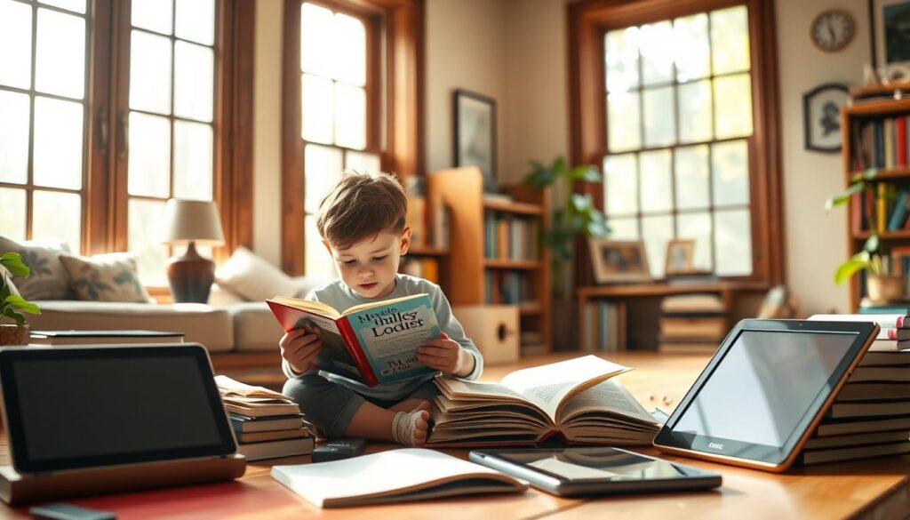 A cozy study filled with natural light streaming through large windows, showcasing a young child intently engaged with a physical book, while an array of digital devices and e-readers are arranged nearby, inviting a thoughtful comparison of the two reading platforms. The child's expression conveys a sense of wonder and concentration, highlighting the unique benefits of both traditional and modern reading experiences. The scene is captured with a warm, documentary-style lens, emphasizing the intimacy and nuance of the moment, guiding the viewer to consider the merits of each approach in supporting a child's literary journey.