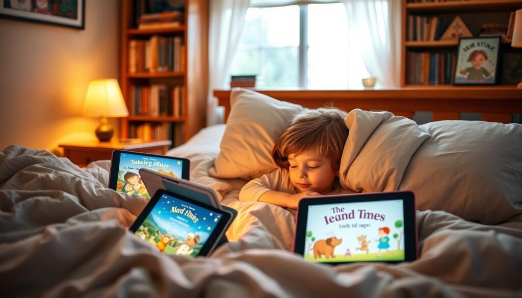 A cozy, well-lit bedroom scene with a child snuggled up in bed, surrounded by a variety of engaging bedtime story apps on a tablet. The apps display colorful illustrations and inviting book covers, immersing the child in imaginative narratives. Soft, warm lighting casts a comforting glow, while a bookshelf in the background hints at a rich selection of traditional storybooks. The scene conveys a sense of wonder, comfort, and the joy of exploring new tales before drifting off to sleep.