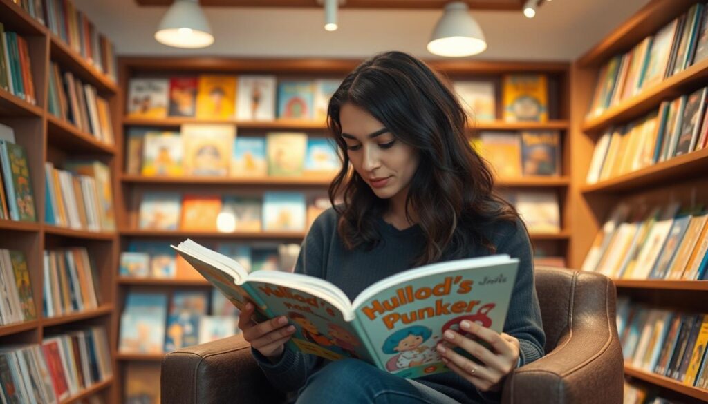 A cozy, well-lit bookstore with floor-to-ceiling shelves displaying a vibrant selection of children's books. In the foreground, a woman in a comfortable chair is carefully examining two books, her fingers tracing the covers as she decides which one to choose. The background features a blend of muted earth tones and warm lighting, creating a welcoming and tranquil atmosphere. The scene conveys a sense of discovery, learning, and the magic of storytelling - essential tools for nurturing self-control in young minds.