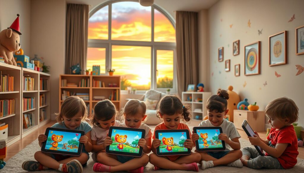 A cozy, well-lit children's room with a large window showcasing a vibrant sunset sky. In the foreground, a group of preschoolers deeply engaged with colorful interactive story apps on their tablets, their expressions animated with wonder and delight. The middle ground features a neatly organized bookshelf, a plush beanbag chair, and an assortment of educational toys, creating a nurturing and stimulating learning environment. The background depicts soft, pastel-hued walls, adorned with whimsical wall decals and framed artwork, evoking a sense of creativity and imagination. The overall scene conveys the joy and wonder of interactive storytelling, seamlessly blending technology and traditional elements to foster learning and exploration.