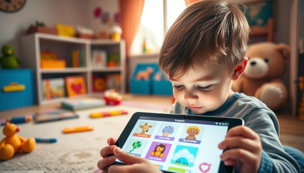 A cozy, well-lit children's room with a selection of interactive "empathy apps for kids" displayed on a tablet device. In the foreground, a young child is intently focused on the screen, their expression one of curiosity and engagement. The background features a colorful array of educational toys, books, and a plush stuffed animal, conveying a nurturing, supportive environment. The lighting is warm and inviting, creating a calm, soothing atmosphere. The camera angle is slightly elevated, offering a bird's-eye view of the scene, emphasizing the educational and developmental nature of the apps. The composition is balanced and aesthetically pleasing, drawing the viewer's attention to the central focus of the image.