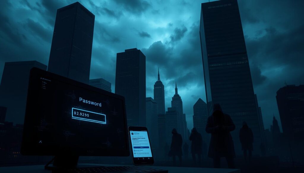 A dark and foreboding digital cityscape, with towering skyscrapers and a gloomy, overcast sky. In the foreground, a desktop computer displays a login screen, its password field glowing ominously. Nearby, a smartphone shows notifications about security breaches and account compromises. In the middle ground, shadowy figures lurk, hacking into systems and stealing sensitive data. The atmosphere is tense and unsettling, conveying the sense of vulnerability and the urgent need for robust account security measures.
