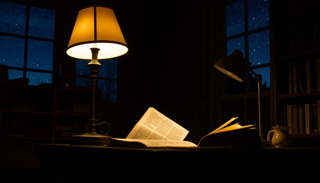 A dimly lit study, a figure seated at a desk engrossed in an open book, their face illuminated by the warm glow of a desk lamp. In the background, a bookshelf filled with tomes and a window offering a glimpse of a starry night sky, symbolic of the boundless possibilities of storytelling and problem-solving. The scene exudes a sense of contemplation and introspection, capturing the essence of "Storytelling as a Catalyst for Grit and Growth".