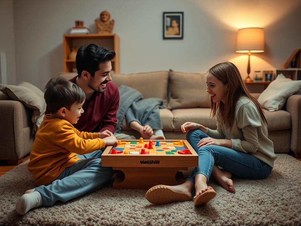 A family enjoying simple pleasures together like playing games and sharing stories A family enjoying simple pleasures together like playing games and sharing stories