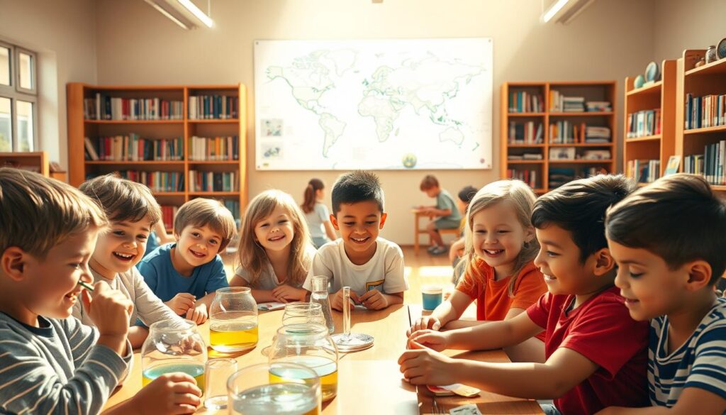 A joyful, vibrant scene of young students engaged in a variety of educational activities. In the foreground, a group of children sit in a sunny classroom, exploring hands-on science experiments with magnifying glasses and petri dishes. In the middle ground, another group gathers around a large world map, tracing their finger along the continents and discussing geography. In the background, a well-stocked library with cozy reading nooks invites further discovery. The lighting is warm and natural, creating a sense of curiosity and wonder. The overall atmosphere is one of active learning, intellectual stimulation, and the joy of exploration.