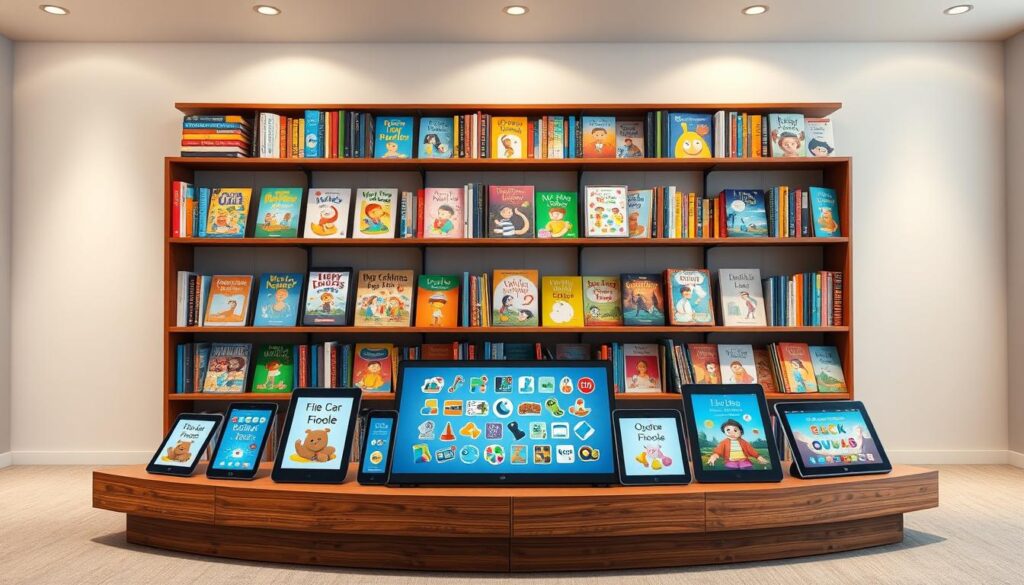 A large, neatly organized digital library of children's storybooks, files, and multimedia. The foreground features a curved wooden display shelf holding various e-readers, tablets, and smart devices showcasing vibrant, animated digital stories. The middle ground shows an array of digital book covers and icons floating across the screen, with colorful illustrations and characters. The background is a serene, minimalist space with soft, diffused lighting, creating a cozy, inviting atmosphere for young readers to explore an expansive collection of interactive digital tales.