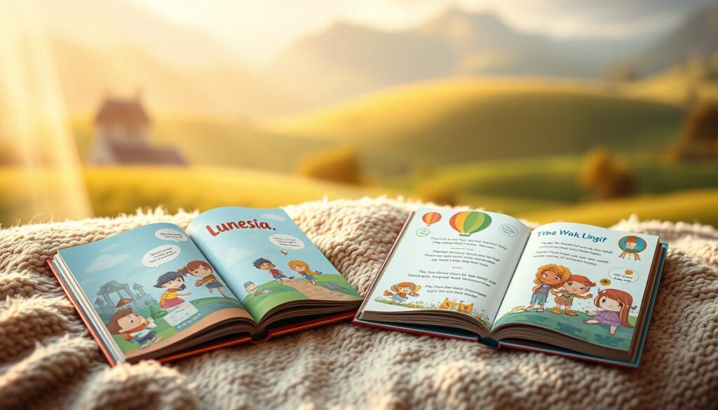 A meticulously designed scene depicting two personalized children's books - Lunesia and Wonderbly - in a head-to-head comparison. Bathed in soft, warm lighting, the books lie open on a cozy, textured surface, their vibrant illustrations and unique customization features prominently displayed. The foreground showcases the detailed covers, with playful characters and personalized details inviting the viewer to delve into the interactive digital and physical adventures within. In the middle ground, the open pages reveal the unique storytelling and interactive elements of each book, highlighting their distinct approaches to personalized children's literature. The background is a blurred, dreamlike landscape, evoking the imaginative and immersive worlds that these books aim to create. An overall sense of wonder, delight, and thoughtful comparison permeates the scene.