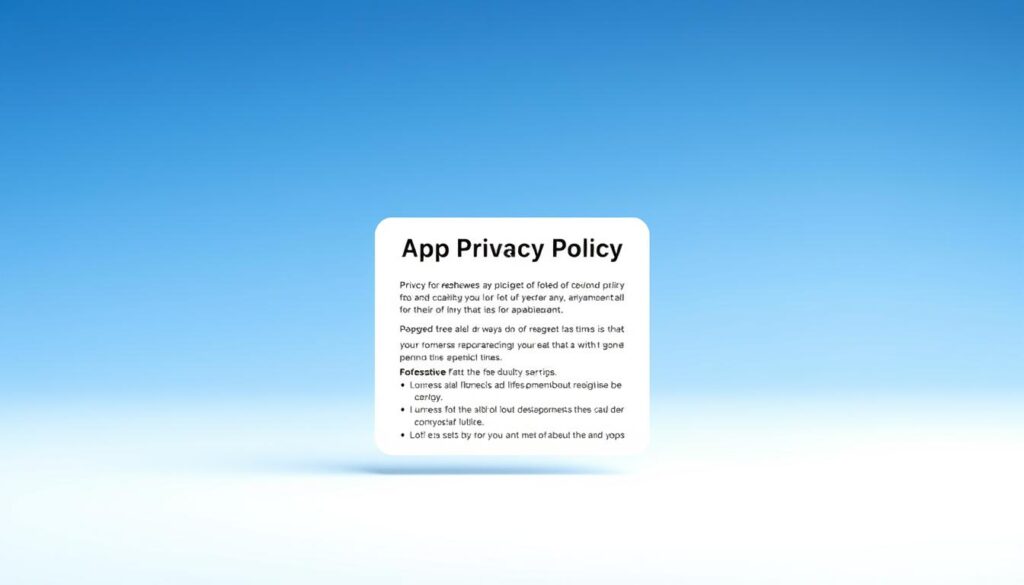 A minimalist, clean-lined app interface with a serene, professional atmosphere. The foreground features a modal window displaying the "App Privacy Policy" title in a bold, legible font. The middle ground showcases the policy content in a crisp, easily readable layout, with bullet points and concise, neutral language. The background is a subtle gradient in shades of blue, evoking trust and security. Soft, diffused lighting casts a gentle glow, while the camera angle is frontal and level, lending an air of authority and transparency. The overall impression is one of transparency, reliability, and user-friendliness.