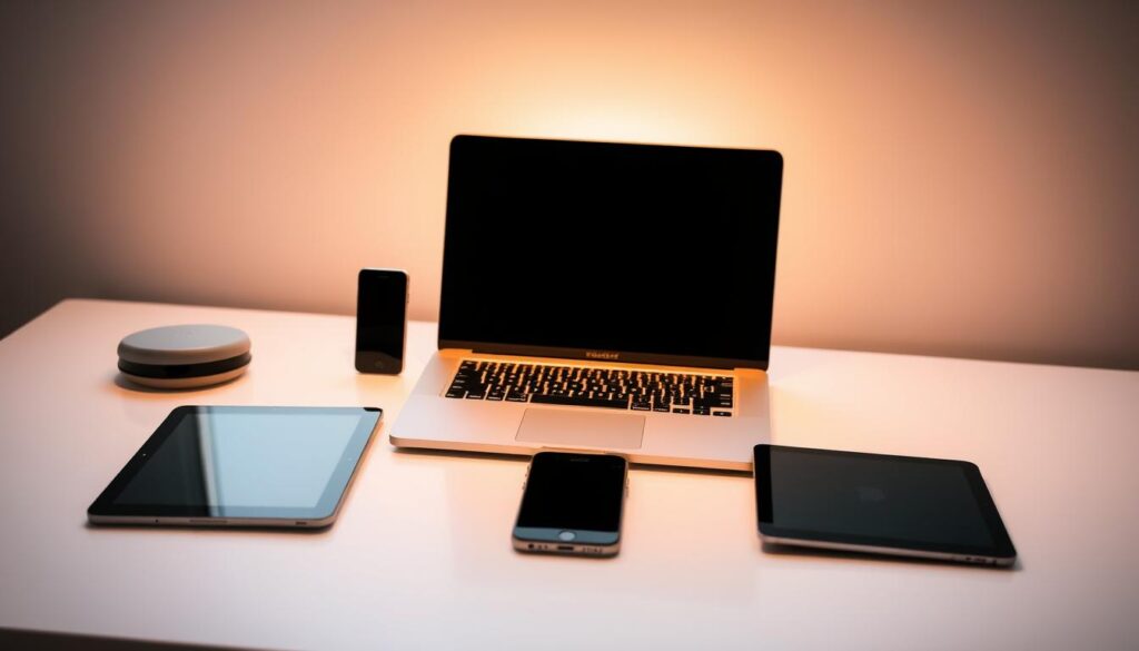 A minimalist desktop setup with a laptop, smartphone, and tablet artfully arranged on a clean, white surface. Soft, indirect lighting casts a warm, calming glow across the scene. The devices are displayed in a way that emphasizes balance and control, symbolizing the user's ability to manage their digital life. In the background, a subtle, blurred landscape or cityscape suggests the user's connection to the physical world beyond the screen. The overall mood is one of serenity, focus, and a sense of harmony between technology and well-being.