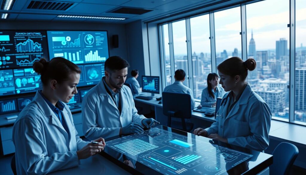 A modern research lab filled with cutting-edge technology, scientists in white coats poring over data on digital screens, charts and graphs projecting from holographic displays. The room is bathed in a cool, blue-tinted lighting, creating an atmosphere of intellectual focus and academic rigor. In the foreground, a large touchscreen interface shows visualizations of educational trends and outcomes, inviting the viewer to explore the data. The background features a panoramic window overlooking a bustling cityscape, hinting at the real-world impact of this research. The overall scene conveys a sense of deep, thoughtful investigation into the complexities of learning and education.